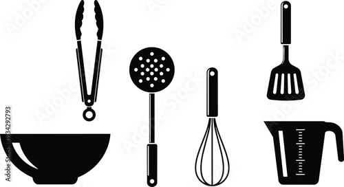 Minimal flat kitchen utensil icons close up of tongs slotted spoon whisk spatula and measuring cup arranged on white background for cooking mockup top down angle black silhouettes