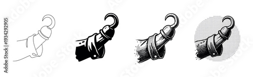 Classic pirate hook hand vector graphic illustrations showcase various artistic styles and drawing techniques.