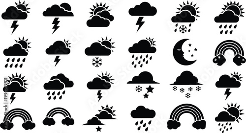 Flat icon set close up grid of black weather symbols showing sun cloud rain snow lightning moon rainbow arranged on white background high contrast simple glyphs vector