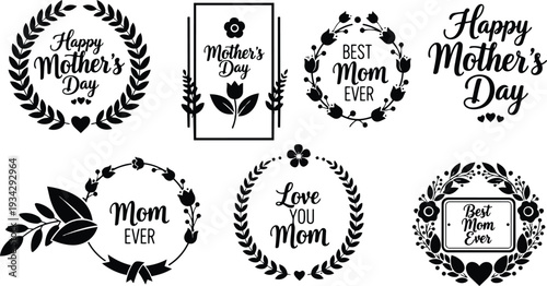 Flat vector wreath and badge collection showing eight black mothers day emblems with script lettering, heart motifs, floral frames, close up top view, minimalist monochrome flat design