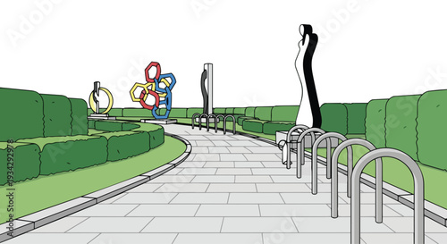 Flat 2D illustration of an empty urban city park with a pathway and bike racks along a green hedge, featuring colorful sculptures in the background.