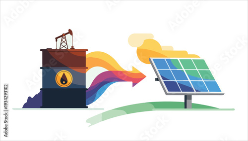 A clear visual representation of the energy transition from fossil fuels to solar power, showing an oil barrel connected to a solar panel by an energy flow.
