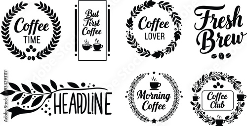 Vintage badge coffee typography set showing eight black wreath emblems and script labels arranged in horizontal layout, close up top view on white background vector mockup png