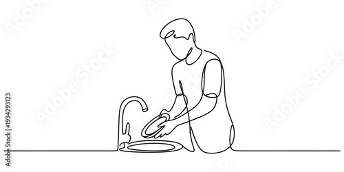 Minimalist one-line drawing of a man washing dishes