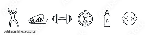 Fitness and wellness icons collection for healthy lifestyle activities including exercise, yoga, hydration, and time management.