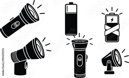 Minimalist black icon set showing angled and front views of handheld flashlights batteries and mounted spotlight in flat vector style on white background simple bold strokes