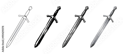 Various artistic interpretations of a classic medieval sword are presented in a visually engaging vector illustration set.