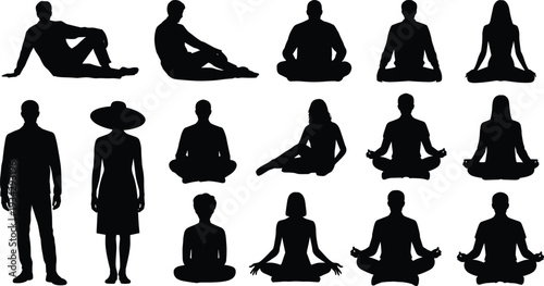 Meditative human poses silhouettes illustration set, yoga posture vector artwork, mindfulness design graphics, body icons collection, relaxation symbol