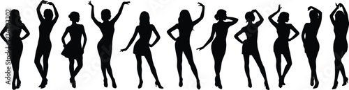 Black silhouette collection of diverse women in expressive glamour and fashion poses for beauty industry marketing female empowerment and creative media studio lifestyle concepts.