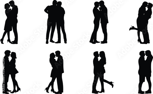 Romantic couple silhouettes, kissing poses, hugging embrace, love illustration, intimacy concept, affectionate partners, relationship art, romantic lifestyle, black silhouette design