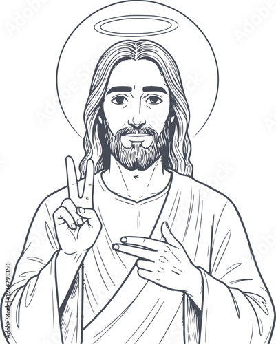 minimalist hand drawn illustration of jesus christ making the peace sign with halos and black fill style without white fills