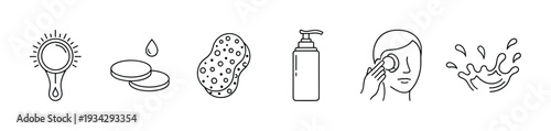 Skincare icons set featuring various cleansing products, facial care routine elements, and beauty treatment symbols.