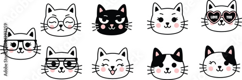 Cartoon cat faces vector illustration, playful animal design with diverse expressions, cute motifs, lifestyle elements, pet artwork, and branding