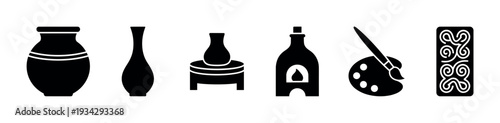 Various pottery vases kiln palette and traditional pattern icons representing artistic creation and craftsmanship.