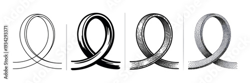 Abstract loop ribbon design elements in four distinct styles, showcasing various artistic techniques like outline, brush, engraving, and stipple.