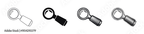 Magnifying glass icons in various styles represent search, discovery, and detailed examination concepts.