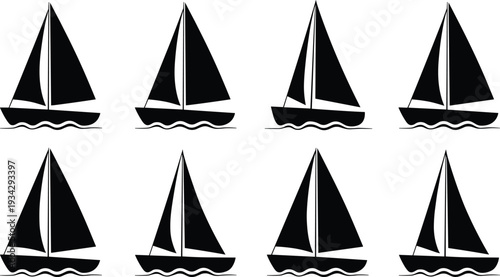 Sailboat silhouettes illustration set, nautical vessel vector artwork, maritime design graphics, ocean icons collection, sea travel symbol