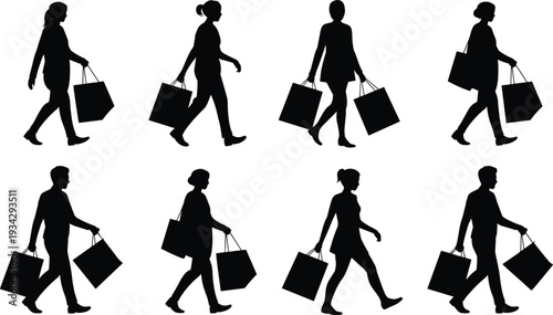Shopping silhouettes, people carrying bags, retail consumers, walking shoppers, male female silhouettes, shopping activity, retail illustration, consumer behavior, lifestyle design, marketing concept