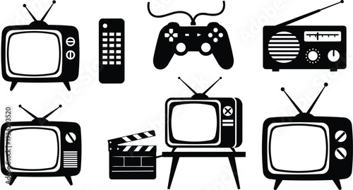 Retro flat vector tv and media icons front view set including vintage televisions radio remote game controller clapperboard arranged on white background high contrast collection