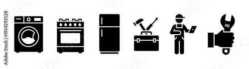 Home appliance repair and maintenance service icons depicting various tools, equipment, and a technician for professional assistance.