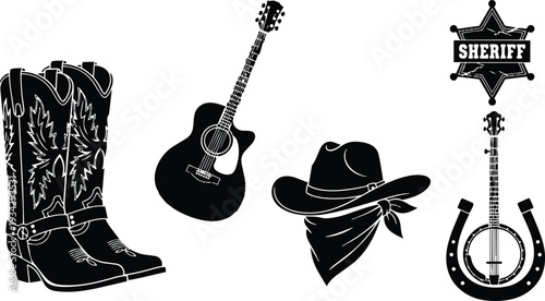 Flat western vector icons set close up embroidered cowboy boots acoustic guitar cowboy hat with bandana sheriff badge banjo in horseshoe isolated on white silhouette mockup