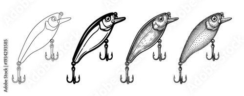 Fishing lure wobbler bait tackle set in various black and white illustration styles for angling hobby.