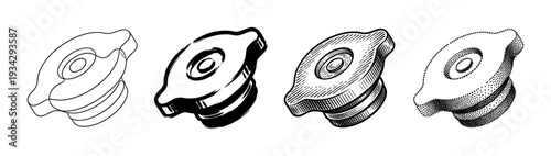Automotive radiator cap illustration set featuring different artistic styles for mechanical and engineering designs.