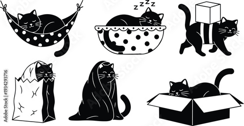 Playful black cat vector set showing six sleeping hiding poses including hammock polka dot bowl cardboard box bag draped blanket gift cube in minimal flat style