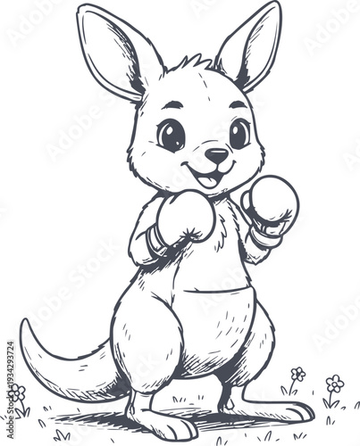 cute vector illustration of a baby kangaroo wearing boxing gloves in black fill hand drawn style with no white fills in a field with flowers