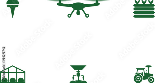 Smart Agriculture and Agrotechnology Icon Set Featuring Farming Drone, Greenhouse, Tractor, and Automated Irrigation Systems