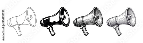 Megaphone illustrations in various artistic styles, including line art, solid, engraved, and stippled, convey important messages and announcements.