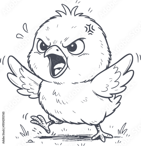 professional illustration of an angry chick screaming with open beak in hand drawn style with black fill and no white fills creating a funny expressive character