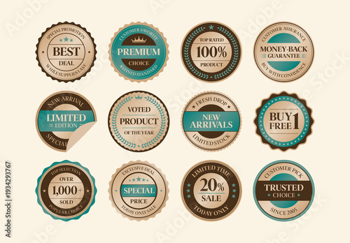 Vintage Marketing Badge Vector Set Retro Labels, Seals, Emblems, Stickers for Product Packaging Promos