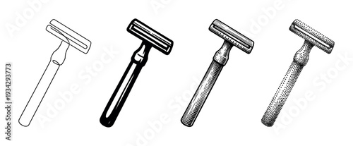 Safety razor vector illustrations showcasing different artistic styles for shaving and grooming concepts.
