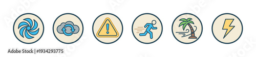 Natural disaster warning icons illustrating various weather-related emergencies and safety measures.