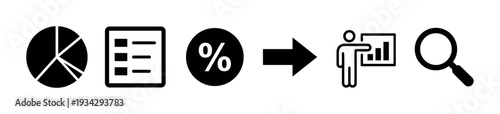 Series of business analysis icons illustrates the process of data evaluation, presentation, and strategic decision-making.