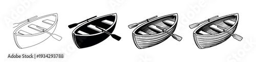 Four different styles of vintage wooden rowboats with oars are depicted in a classic black and white illustration.
