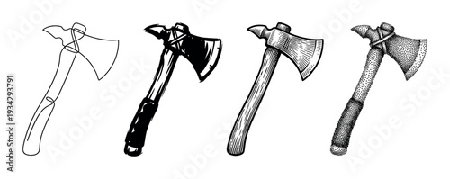 Four different artistic styles of an axe illustration showcasing various drawing techniques from line art to stippling.