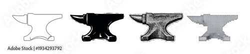 Four different stylized anvils presented in various artistic styles including outline, solid, hatched, and dotted designs.