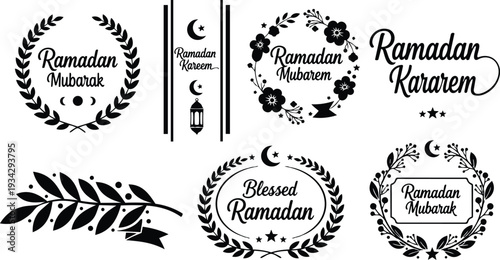 Elegant black ramadan badge set close up ornamental wreaths and lantern icons arranged in horizontal layout with crescent motifs and calligraphy in flat vector mockup style silhouette