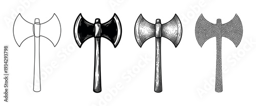 Collection of four distinct double-bladed axe illustrations showcasing various artistic styles and techniques.