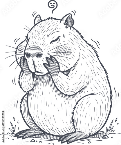 professional hand drawn capybara illustration with black fill and no white fills showing a shy and embarrassed expression with hands on cheeks in sketch style