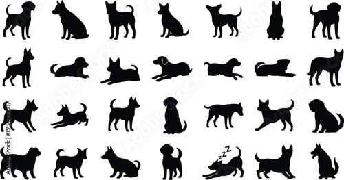 Monochrome black vector dog silhouette icon set showing multiple breeds in sitting standing running jumping and sleeping poses arranged in grid for logo or sticker mockup
