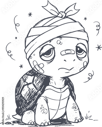 black fill hand drawn style illustration of a sick turtle with head bandage and plasters no white fills included