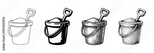 Sand bucket and shovel filled with sand, showcasing different black and white artistic illustration techniques.