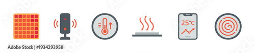 Smart home heating system icons set illustrating modern climate control and energy efficiency technology.