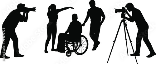 Black silhouette collection of professional photographers shooting a person in a wheelchair for inclusive media production accessibility awareness and creative studio lifestyle concepts.