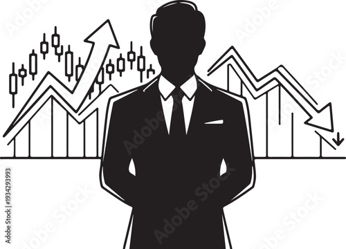 "Financial market vector illustration showing executive silhouette with candlestick charts and arrows symbolizing bullish and bearish trends, investment strategy, and economic growth"