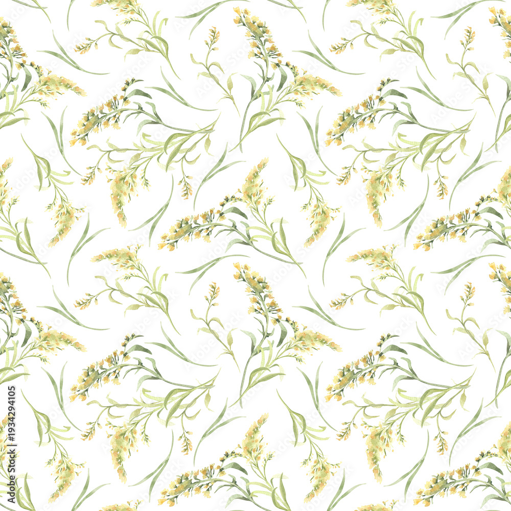 Fototapeta premium Watercolor seamless pattern with delicate meadow wildflowers and soft green grass isolated. Pastel floral motif hand drawn for wallpaper, fabric, or greeting card. Flowers repeat for journal backdrop.