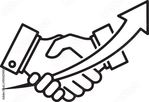 "Business partnership vector illustration showing handshake with upward arrow symbolizing cooperation, agreement, and mutual growth in corporate success"
